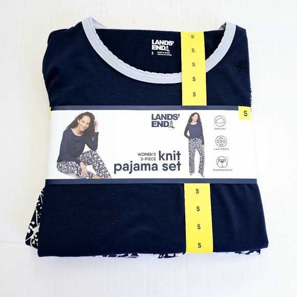 Lands End 2 pc pajama set sz S navy white long sleeve print drawstring pant NWT - Picture 1 of 9